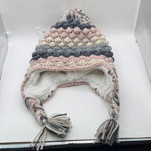 NWT Next Knit Crochet Beanie Hat Kids Girls Toddler Age 7 - 10 Tan Pink Pom Pom